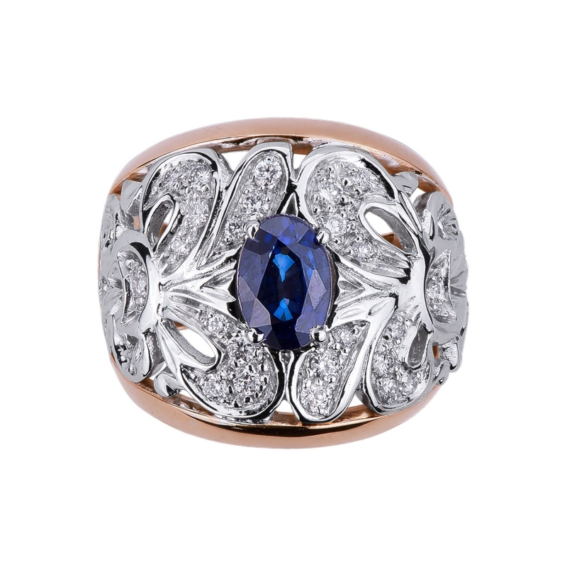 18k white and rosé gold ring with a central blue sapphire and diamonds 