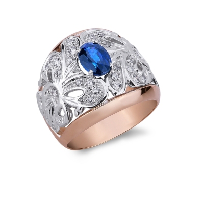 18k white and rosé gold ring with a central blue sapphire and diamonds 
