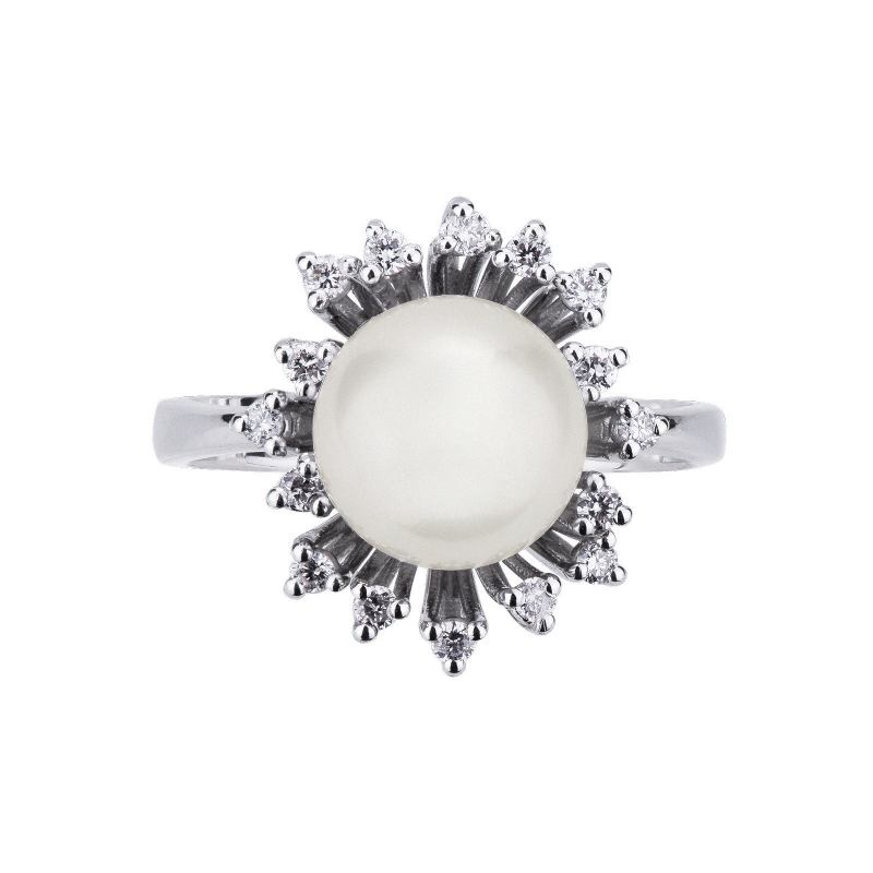 White gold 18k ring with pearl and diamonds petals 