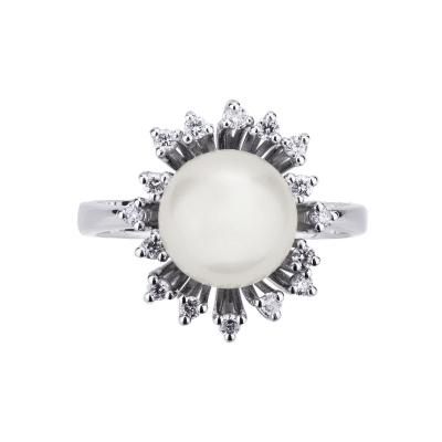 White gold 18k ring with pearl and diamonds petals 