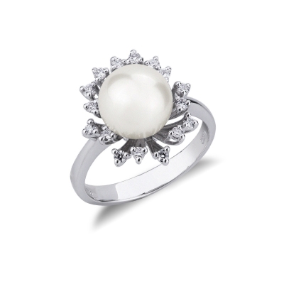 White gold 18k ring with pearl and diamonds petals 