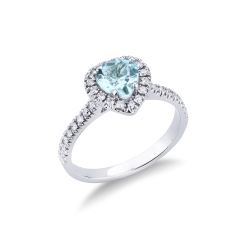 White gold 18k ring with diamonds and aquamarine heart cut 