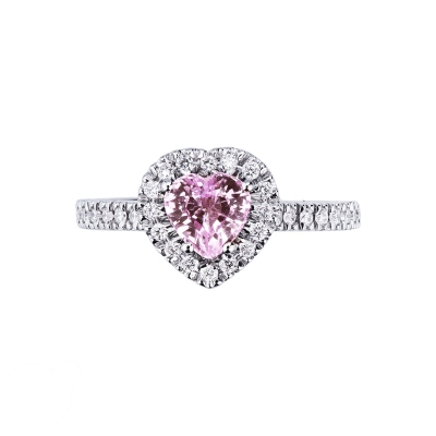 White gold 18k halo ring with a heart shaped pink sapphire of about 6mm and diamonds