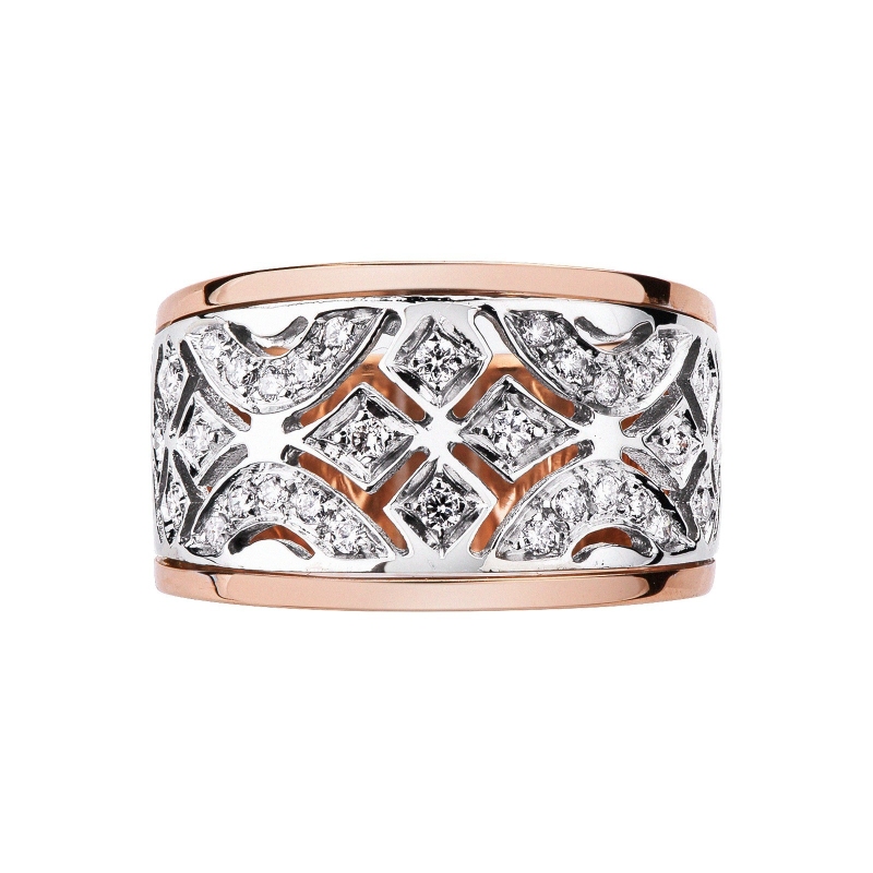 White and rosé gold 18k band ring with embroideries and diamonds 