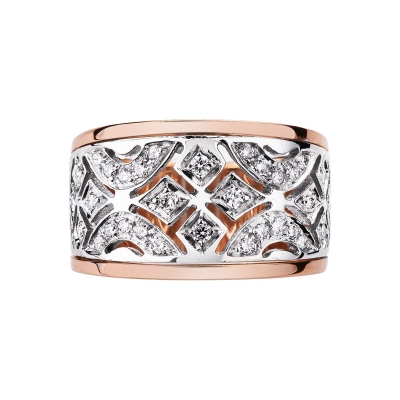 White and rosé gold 18k band ring with embroideries and diamonds 