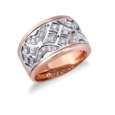 White and rosé gold 18k band ring with embroideries and diamonds 