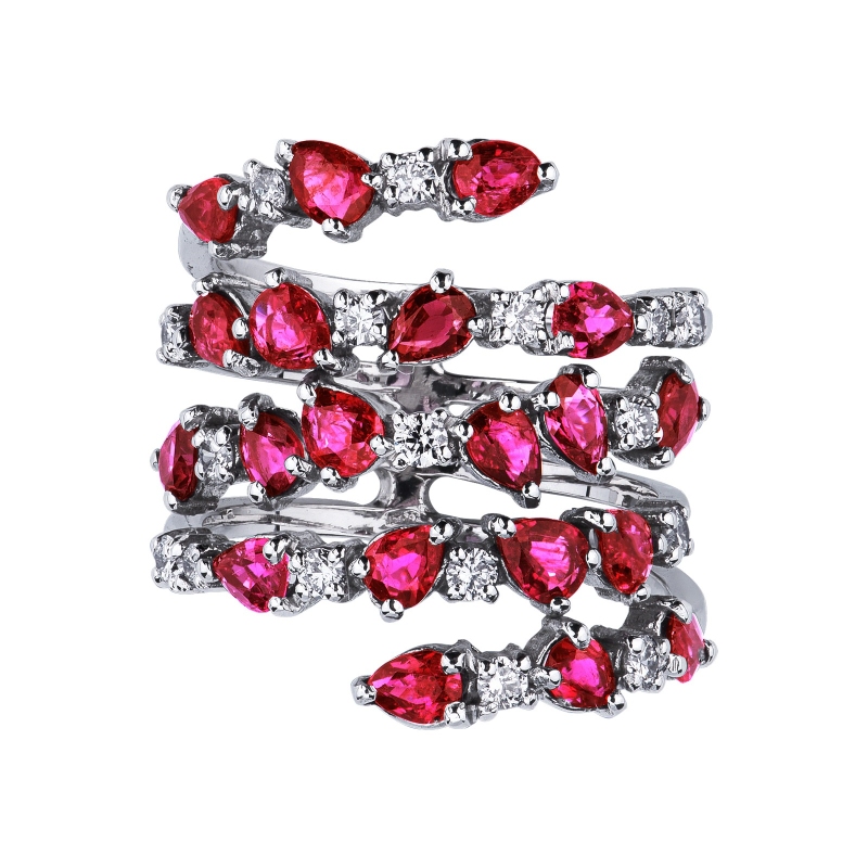 18k white gold with rubies pear cut and diamonds 