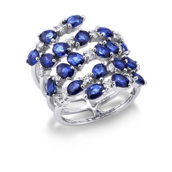 White gold 18k band ring with diamonds and blue sapphires oval vut 
