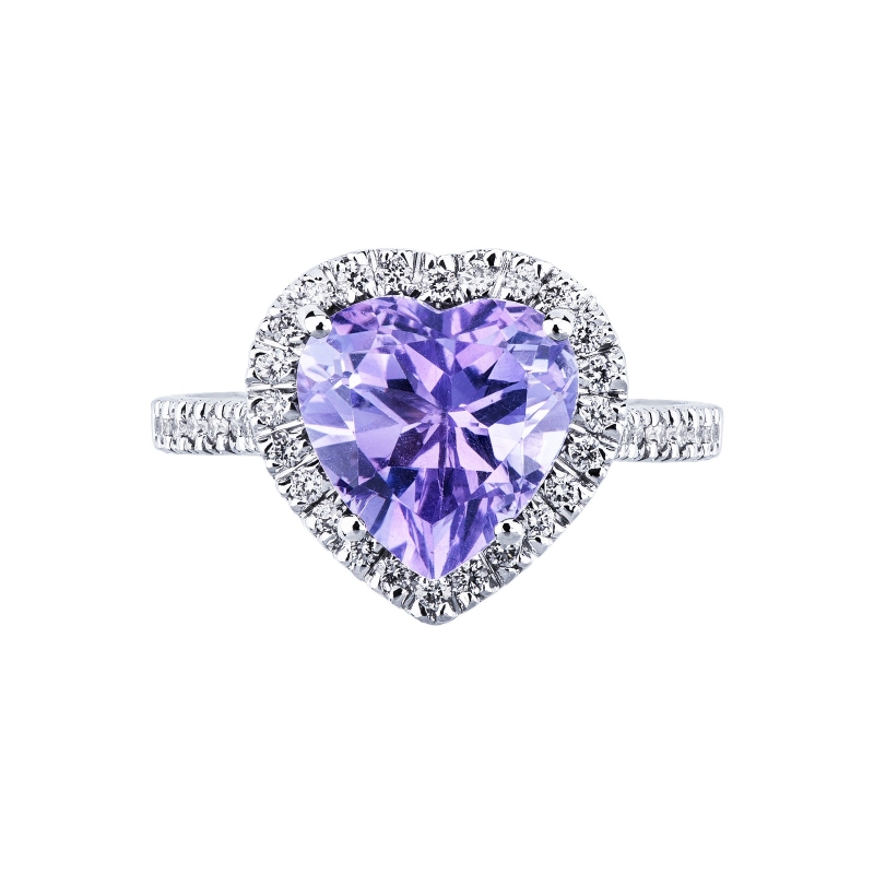18k white gold ring with amethyst heart cut 24 diamonds