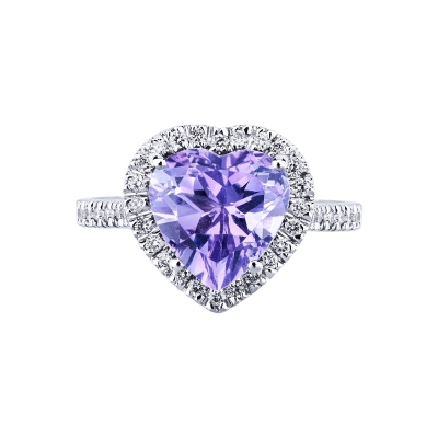 18k white gold ring with amethyst heart cut 24 diamonds