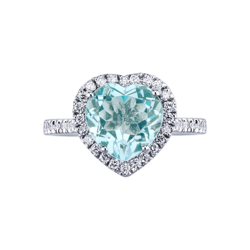 Halo ring white gold 18k with aquamarine heart cut and diamonds 