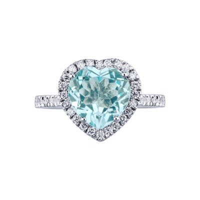 Halo ring white gold 18k with aquamarine heart cut and diamonds 