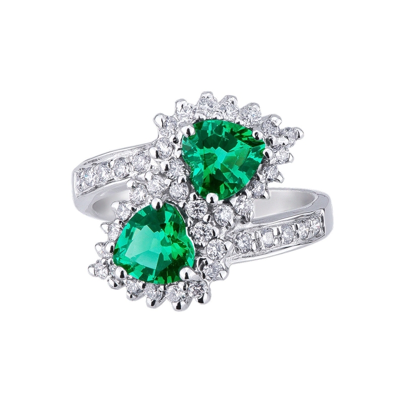 18k white gold curved shank ring with diamonds and emeralds 