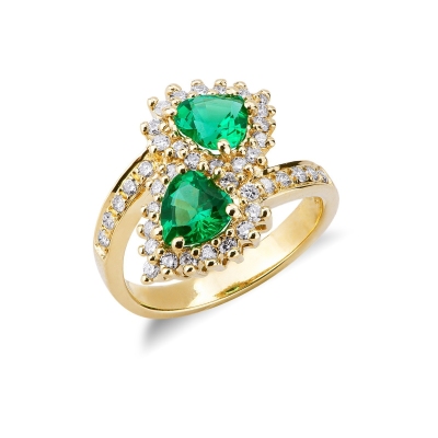 Yellow gold 18k curved shank with diamonds and emeralds 