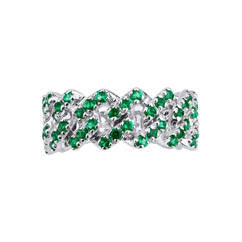 18k white gold cuban link ring with emeralds 