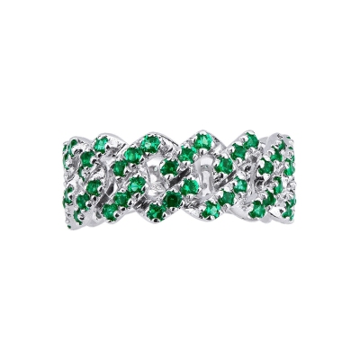 18k white gold cuban link ring with emeralds 