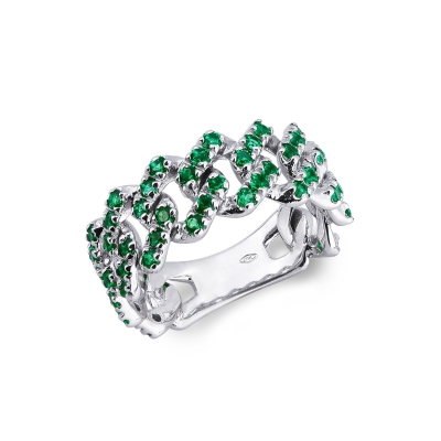 18k white gold cuban link ring with emeralds 