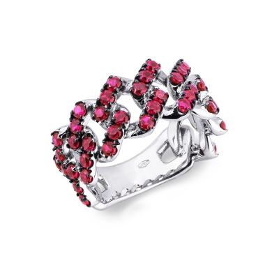 White gold 18k cuban chain link ring with rubies 
