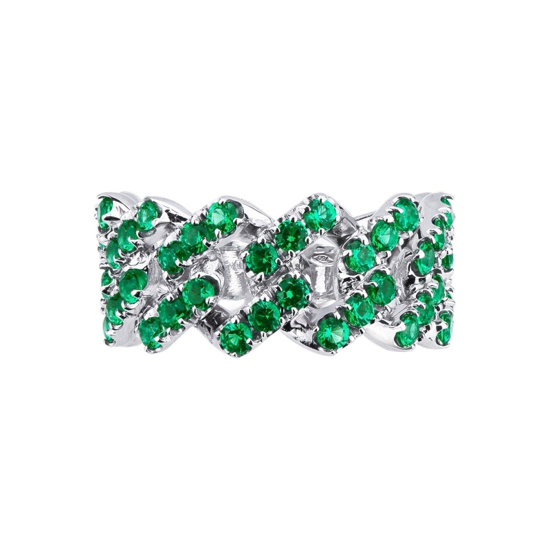 White gold 18k cuban chain link ring with emeralds 