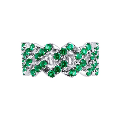White gold 18k cuban chain link ring with emeralds 