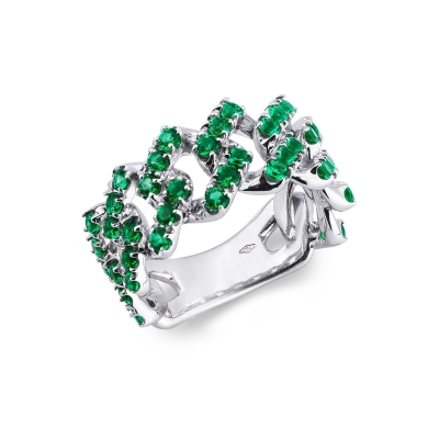 White gold 18k cuban chain link ring with emeralds 
