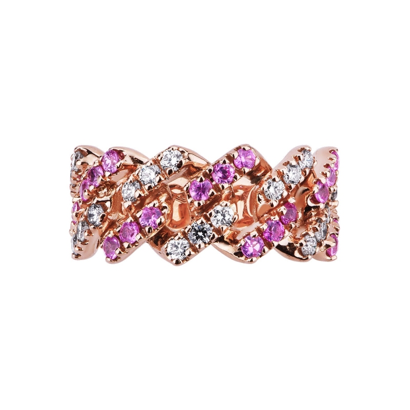Anello Cuban Link in oro Rosa 18k con Zaffiri Rosa e Diamanti