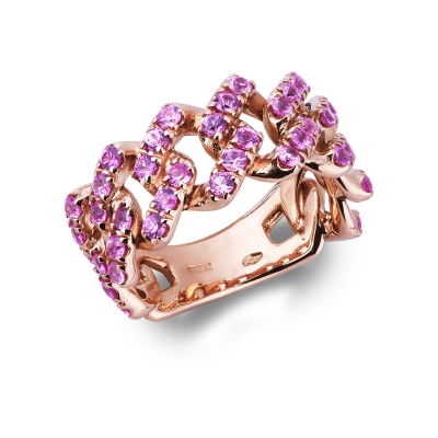 Anello Cuban Link in oro Rosa 18k con Zaffiri Rosa