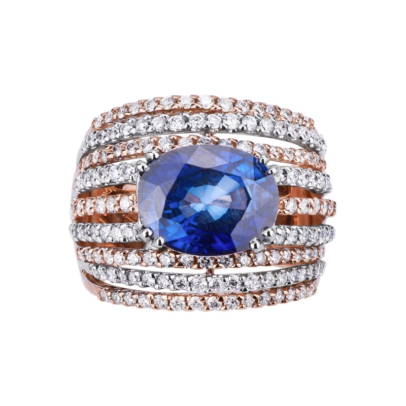 Band ring in white and rosé gold 18k with blue sapphire and diamonds 