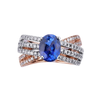 White and rosé gold 18k ring with blue sapphire and diamonds 