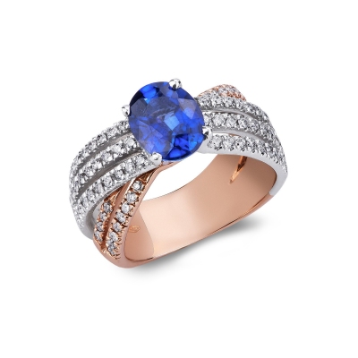 White and rosé gold 18k ring with blue sapphire and diamonds 