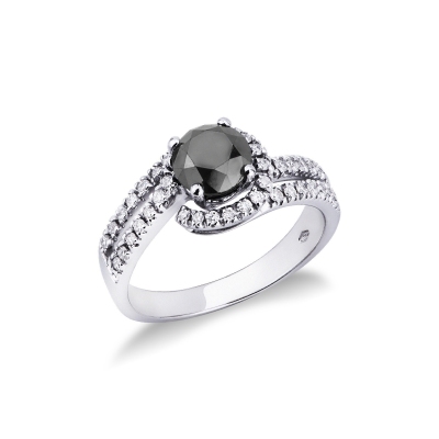White gold 18k ring with a black diamond and white diamonds 