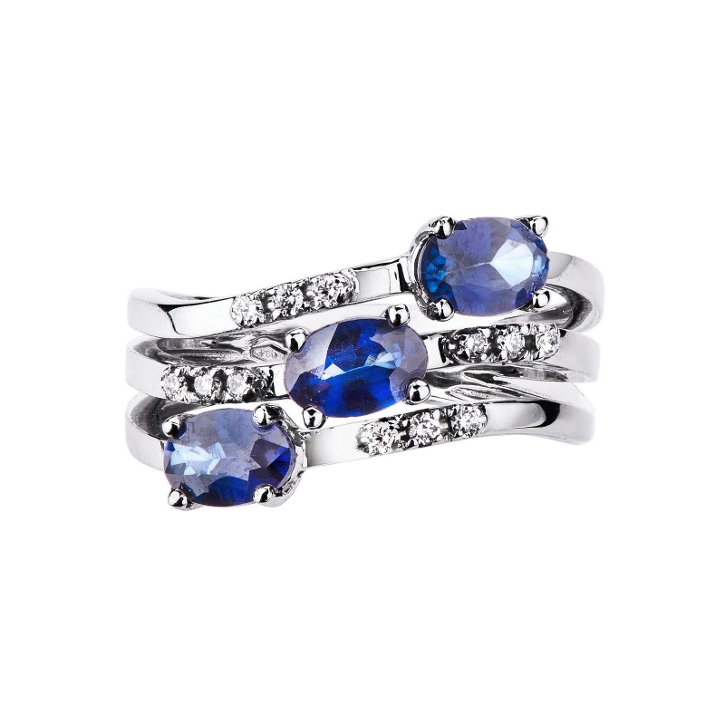 18k white gold ring with diamonds and three blue sapphires 