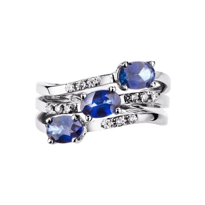 18k white gold ring with diamonds and three blue sapphires 