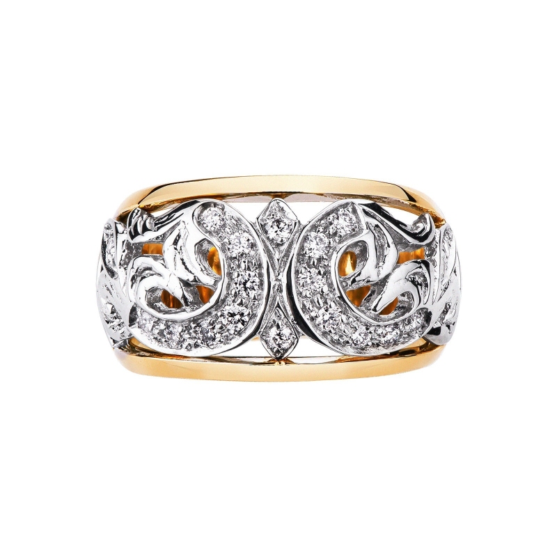 Perforated band ring in 18k white and yellow gold with diamonds 