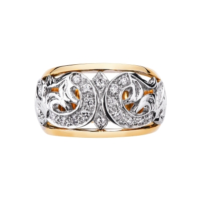 Perforated band ring in 18k white and yellow gold with diamonds 