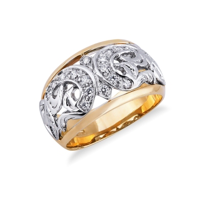 Perforated band ring in 18k white and yellow gold with diamonds 
