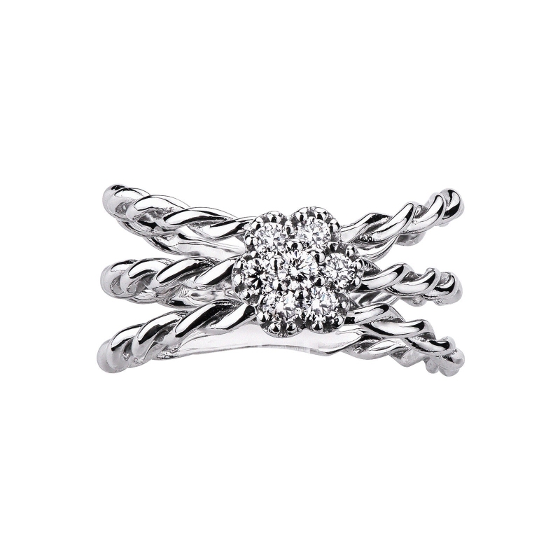White gold 18k braided wire ring with diamond flower