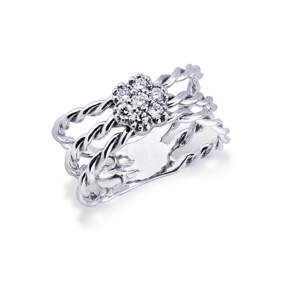 White gold 18k braided wire ring with diamond flower