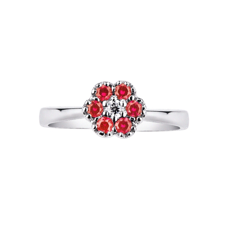 White gold 18k flower ring with central diamond and rubies 