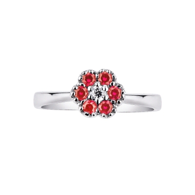 White gold 18k flower ring with central diamond and rubies 