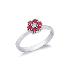 White gold 18k flower ring with central diamond and rubies 