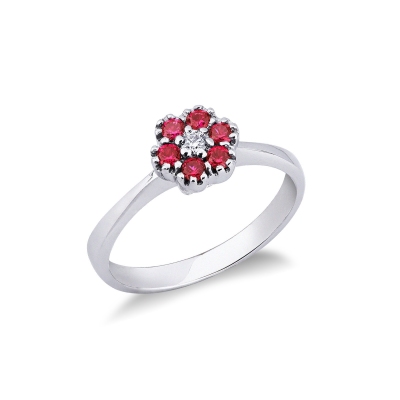 White gold 18k flower ring with central diamond and rubies 