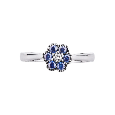 18k white gold flower ring with blue sapphires and diamonds 
