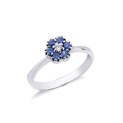 18k white gold flower ring with blue sapphires and diamonds 