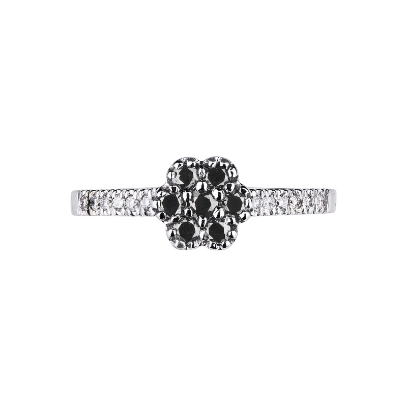 White gold 18k flower ring with black and white diamonds 