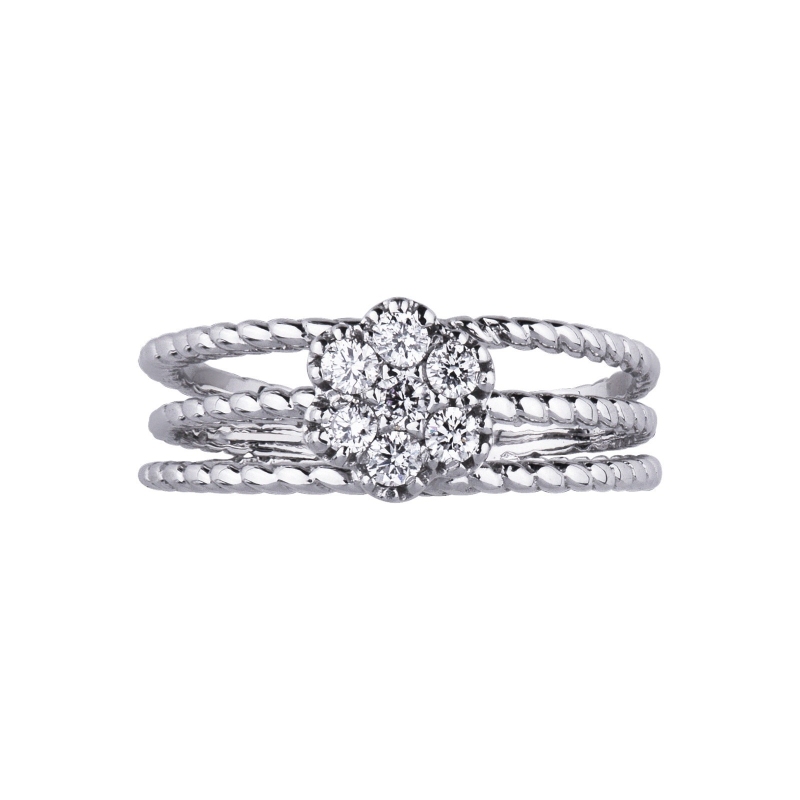 18k white gold flower ring with diamonds and twisted wires