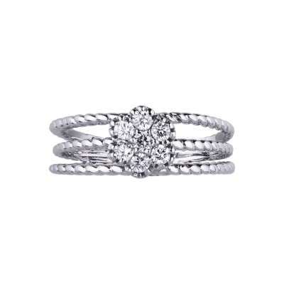 18k white gold flower ring with diamonds and twisted wires