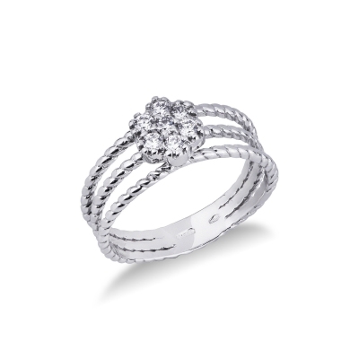 18k white gold flower ring with diamonds and twisted wires