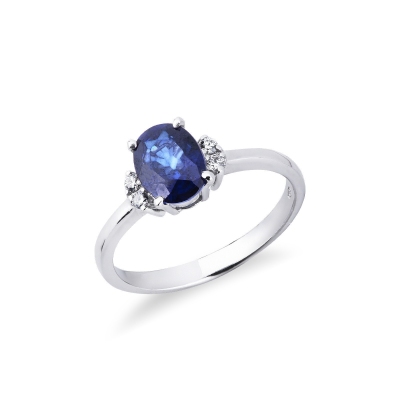 18k white gold ring with a blue sapphire and two diamonds each side