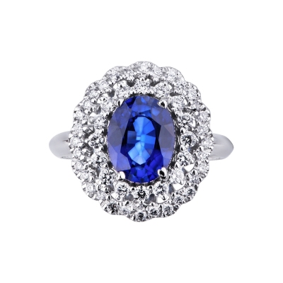 Halo ring white gold 18k with central heart cut blue sapphire and diamonds 